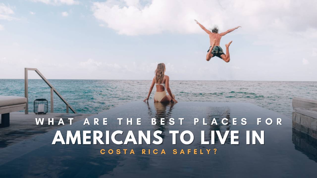 Safest places for Americans to live in Costa Rica. Lifestyle image of a couple enjoying an infinity pool at a luxury tropical resort overlooking the sea.