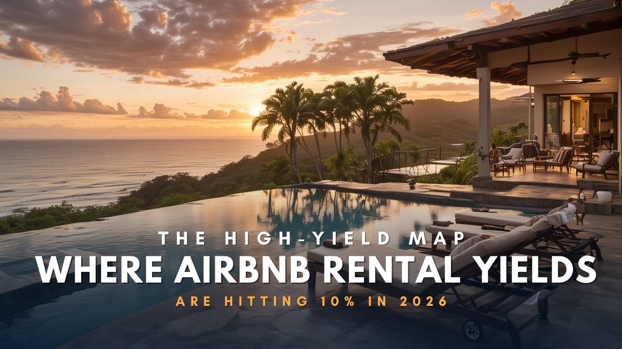 Luxury beachfront villa with an infinity pool and stunning sunset view, showcasing areas where Airbnb rental yields are projected to hit 10% in 2026.