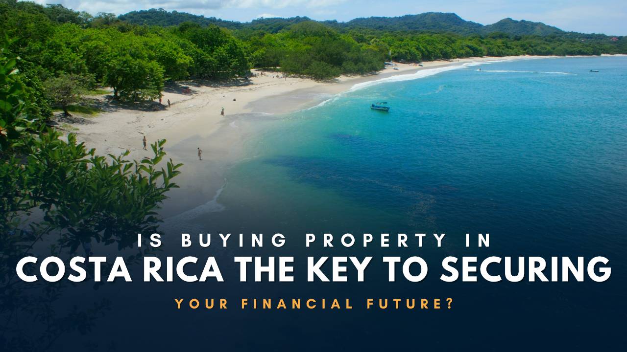 Costa Rica real estate investment for financial security. Scenic aerial view of a tropical beach, turquoise ocean, and forested hills.
