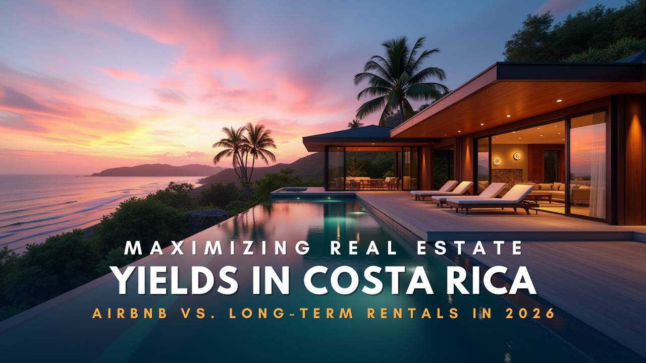 Luxury beachfront real estate in Costa Rica with a stunning sunset view, highlighting the comparison between Airbnb and long-term rentals for maximizing real estate yields in 2026.