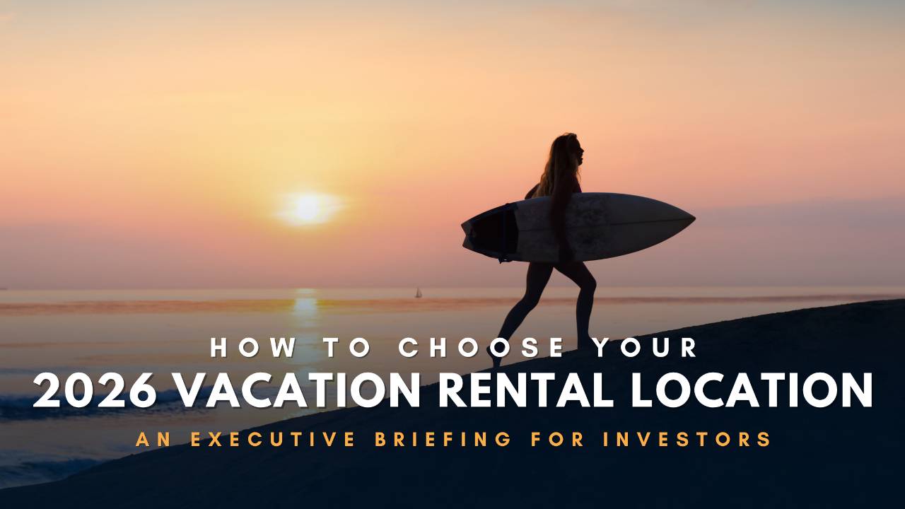 Silhouette of a woman carrying a surfboard at sunset, symbolizing the process of choosing the best vacation rental location for investors in 2026.