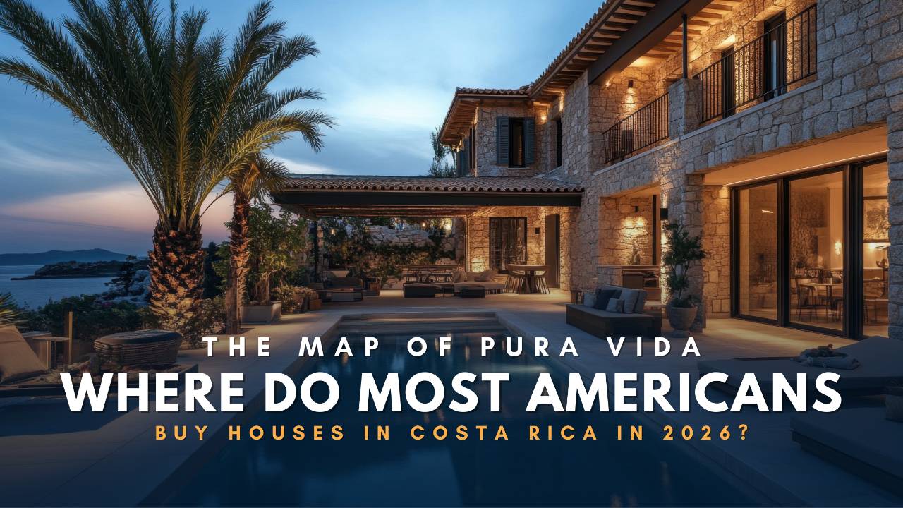 Where Americans buy houses in Costa Rica 2026. Luxury stone estate with illuminated infinity pool and tropical landscaping at dusk.