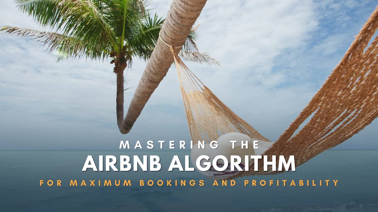 Airbnb algorithm mastery for rental profitability. Tropical vacation scene with a hammock and palm tree over the sea.