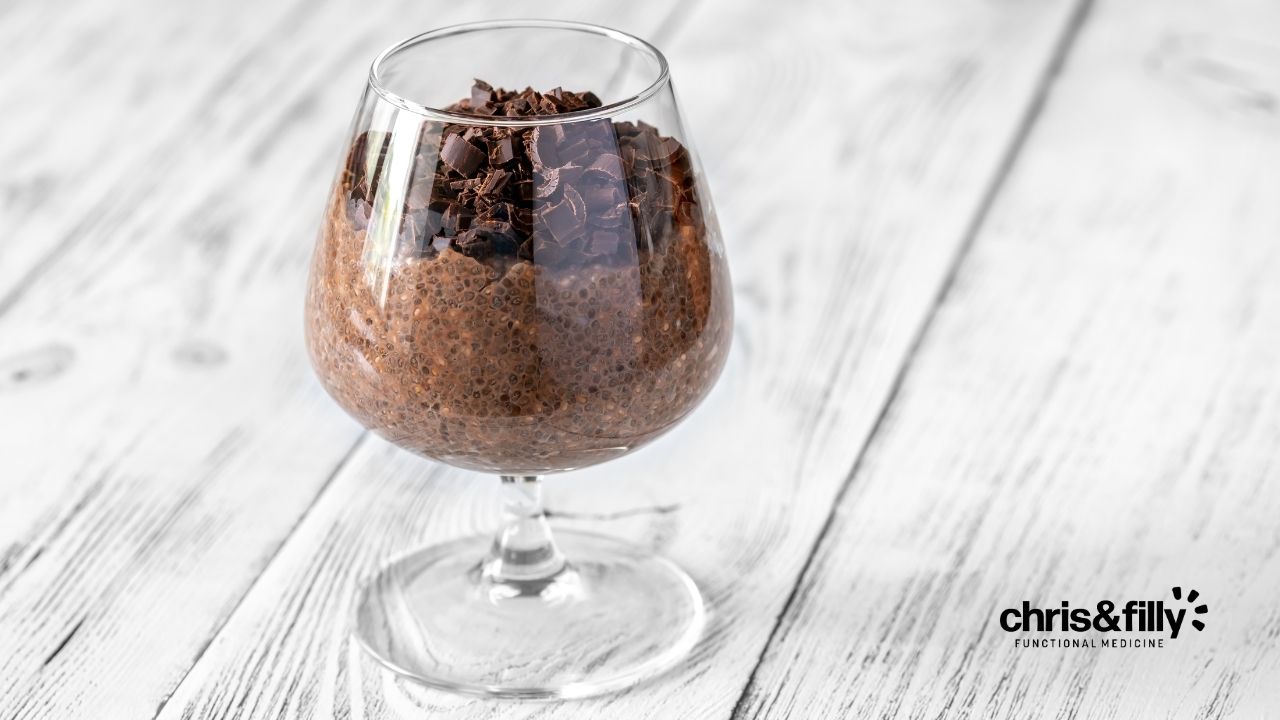 Chocolate Chia Pudding in a wine glass