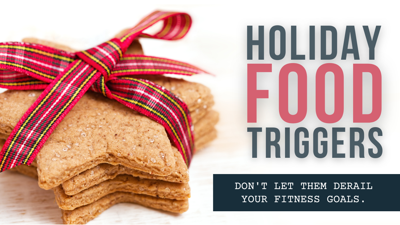 Christmas cookie wrapped in ribbon. Text on image: Holiday food triggers. Don't let them derail your fitness goals.