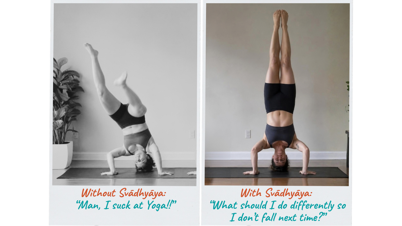 Before and after Svadhyaya: a yoga student falling out of a headstand, then holding the headstand properly