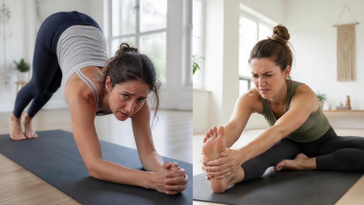 A yoga student looking annoyed while doing drills