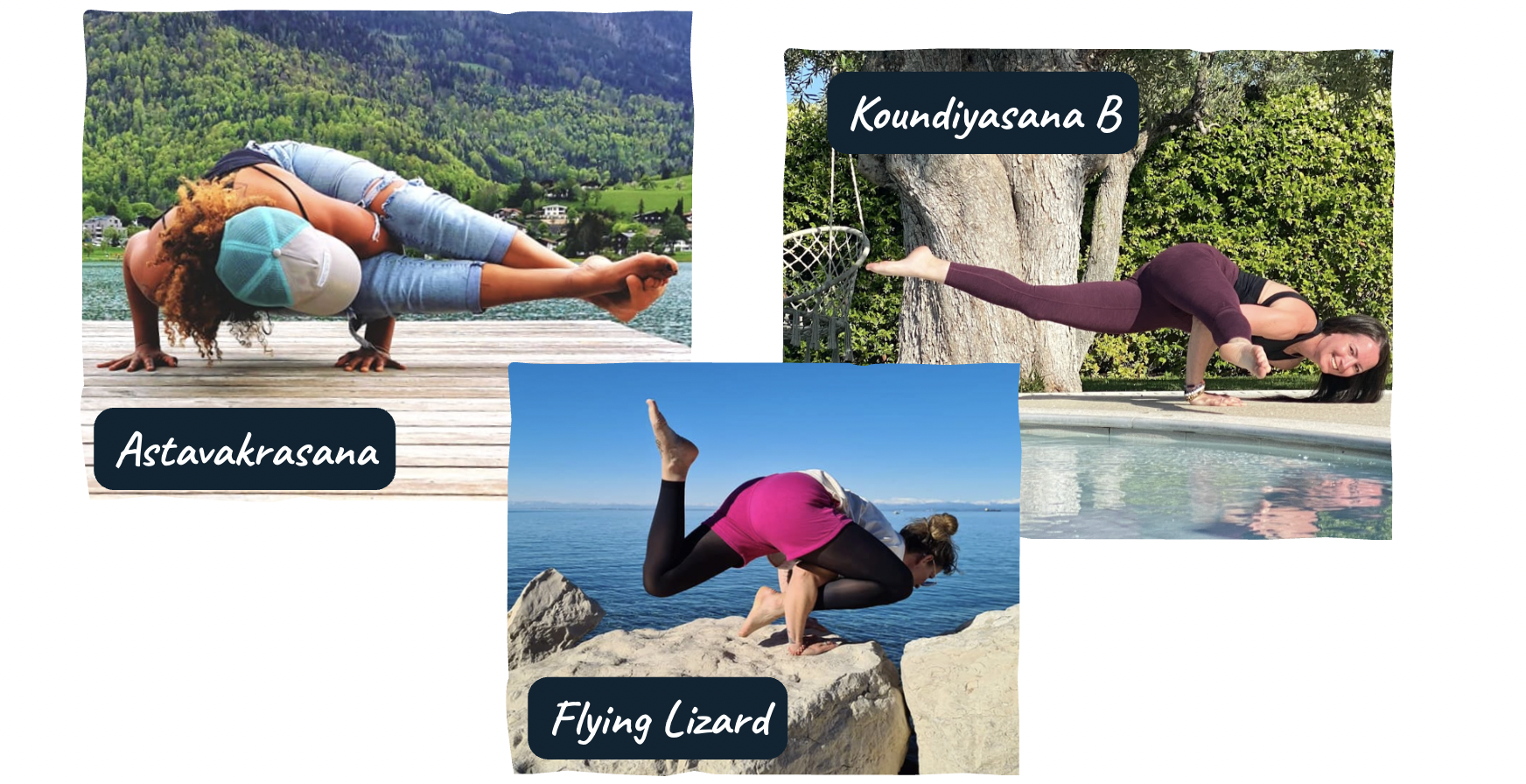 Arm balances with chaturanga arms: Eight-Angle Pose (Astavakrasana), Flying Lizard, and Koundinyasana B