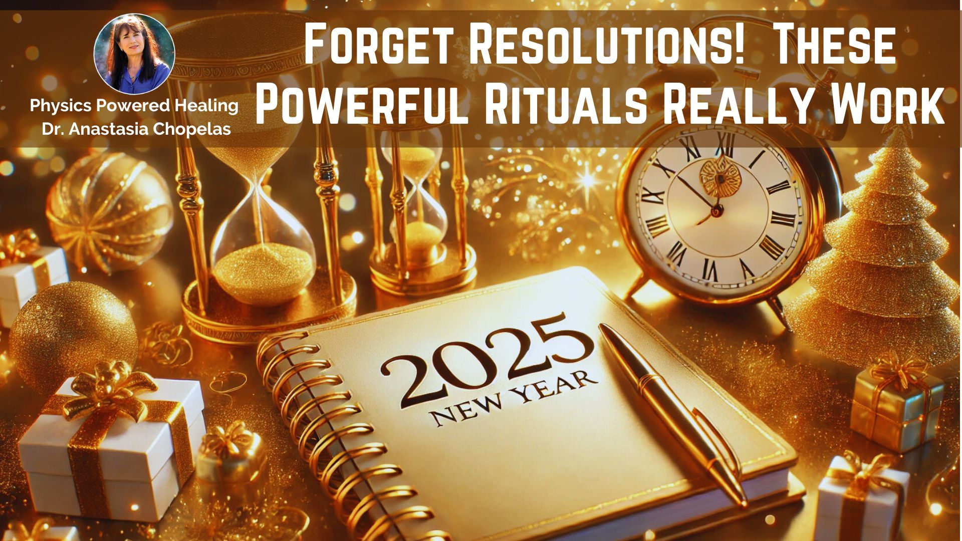 A festive New Year-themed image featuring a glowing notebook with a luxurious pen, a subtle calendar marked '2025,' and a background adorned with gold and white sparkles, symbolizing celebration and fresh beginnings.