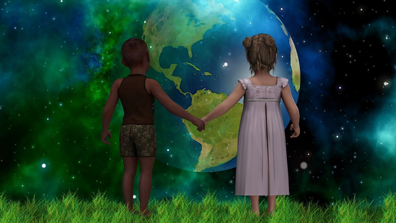 black boy, white girl holding hands, seeing Earth