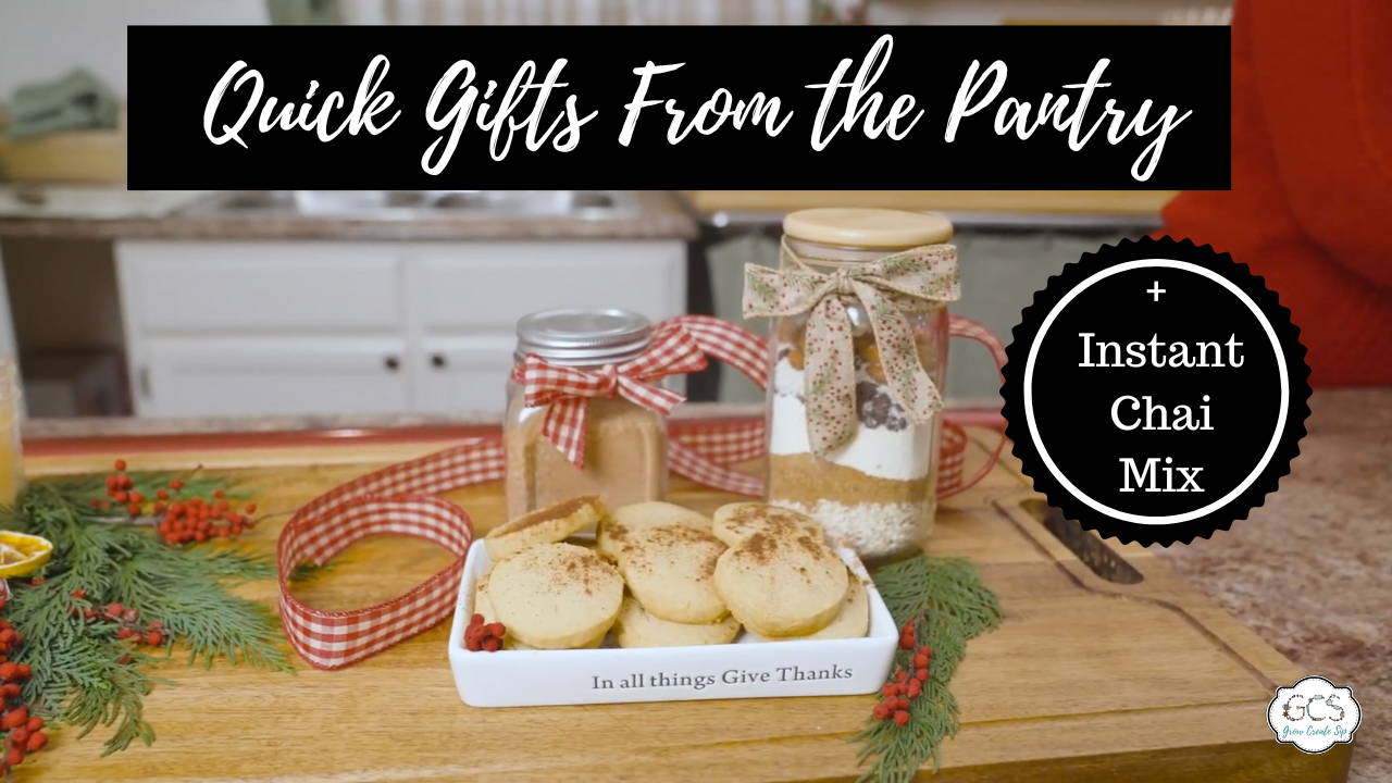 Instant chai mix and pantry gifts in jars and on plates with christmas decor