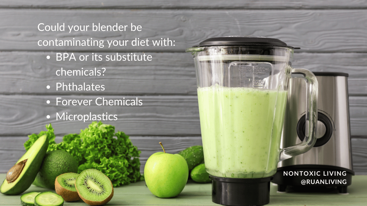 A blender with smoothie ingredients, highlighting potential toxins like BPA, PFAS, and microplastics