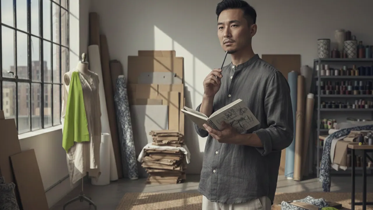 Asian male fashion designer in his studio
