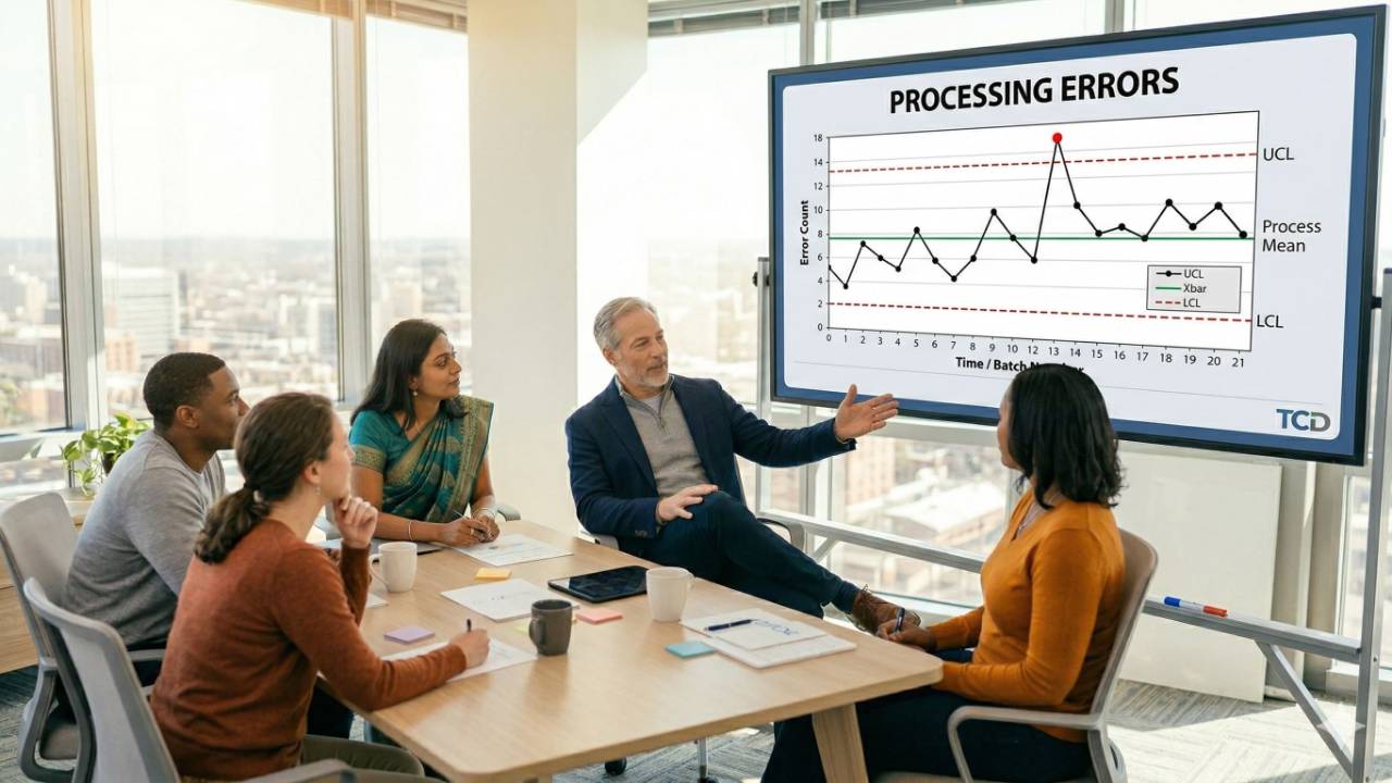 Man at board with analytics that tell a story