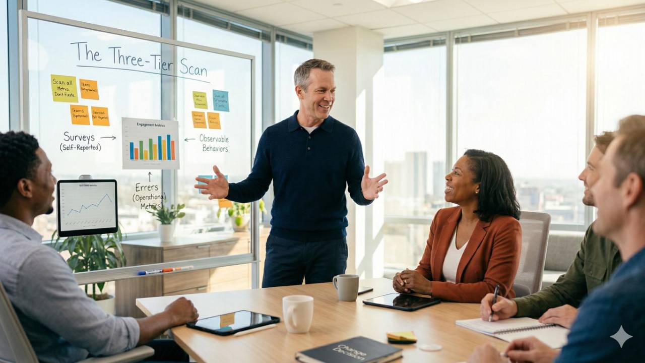 Authentic leader presenting the Three-Tier Scan—triangulating self-reported, observable, and existing company metrics—to an engaged team in a modern office to drive data-driven change management and grow Joy at Work.