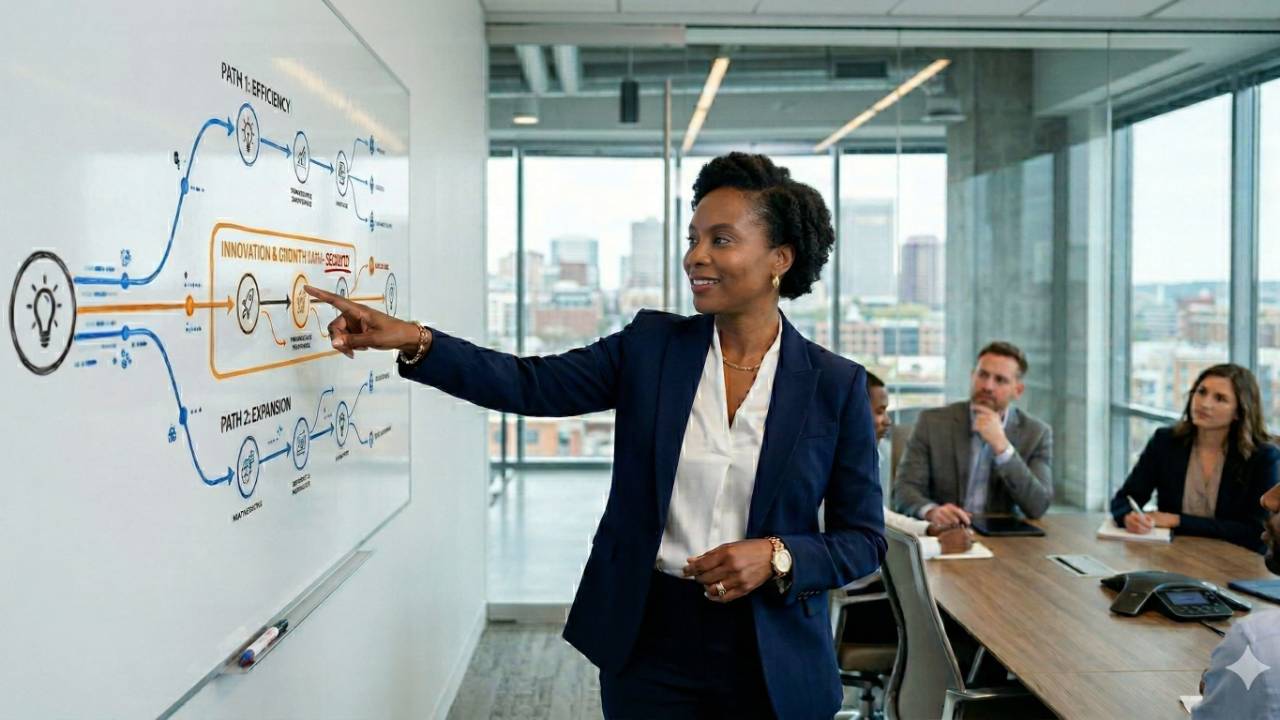 A woman stands at a whiteboard choosing between decision alternatives