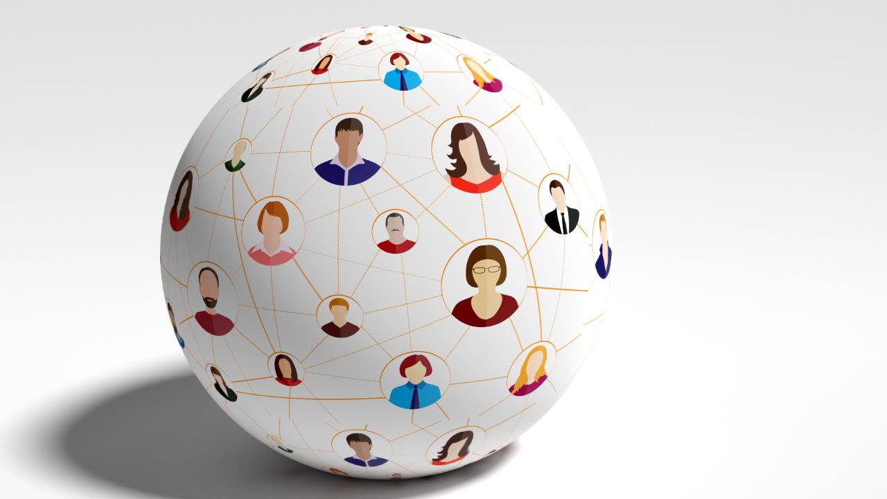 A ball showing a network diagram of people as caricatures