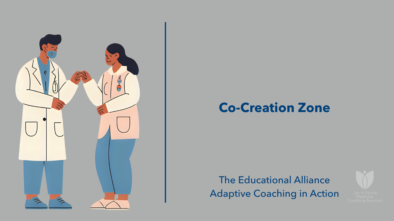 Two physicians in conversation, bumping fists in a gesture of partnership, representing the educational alliance between faculty and resident. Text on the right reads “Co-Creation Zone — The Educational Alliance: Adaptive Coaching in Action.”