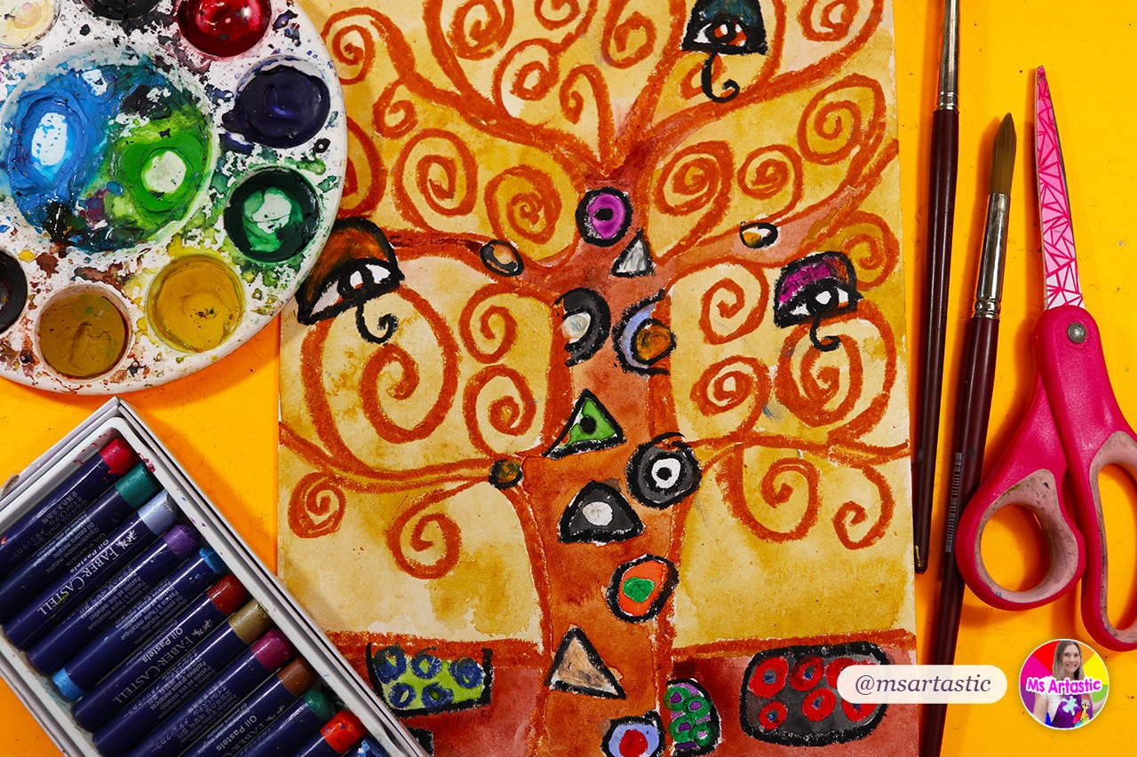 How to teach the principles of design: a Gustav Klimt Tree of Life artwork showing movement with swirling oil pastel lines and watercolor