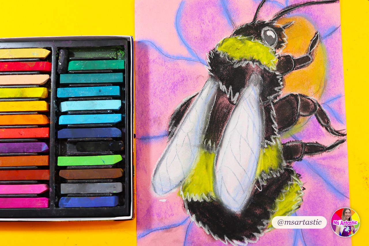 Chalk pastel bumblebee art project for upper elementary students learning the principles of design