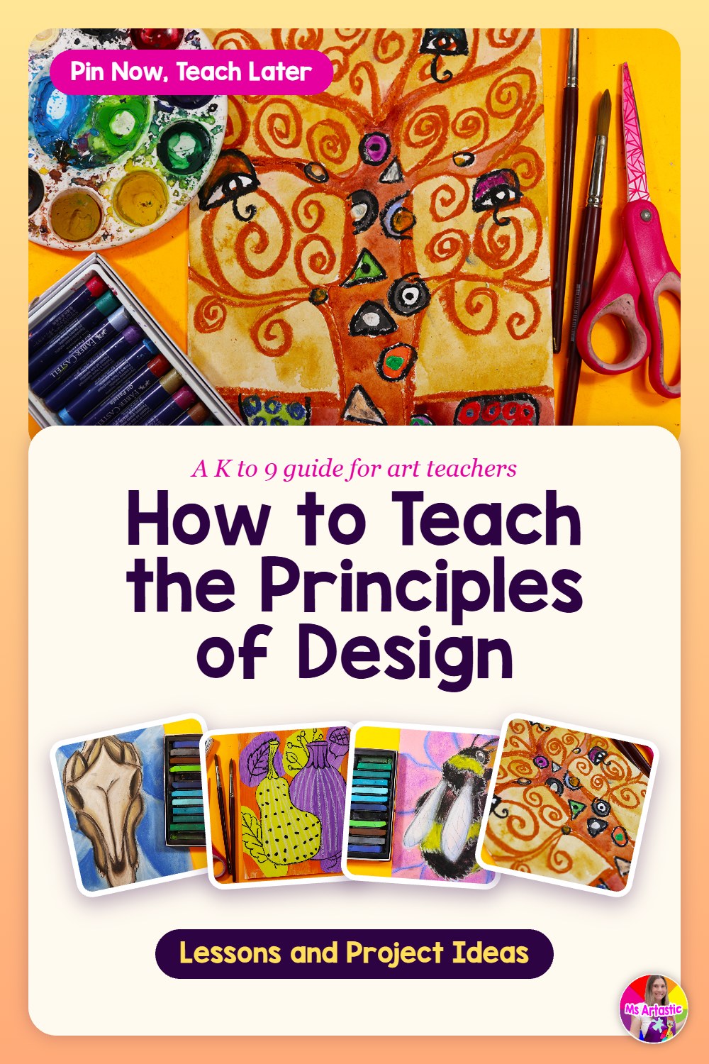 How to teach the principles of design to kids: a K to 9 guide for art teachers with kid-friendly definitions of balance, contrast, emphasis, movement, pattern, rhythm, proportion, unity and variety, the order to teach them, project ideas for every grade and easy ways to assess them. From Ms Artastic and the Artastic Collective art curriculum.