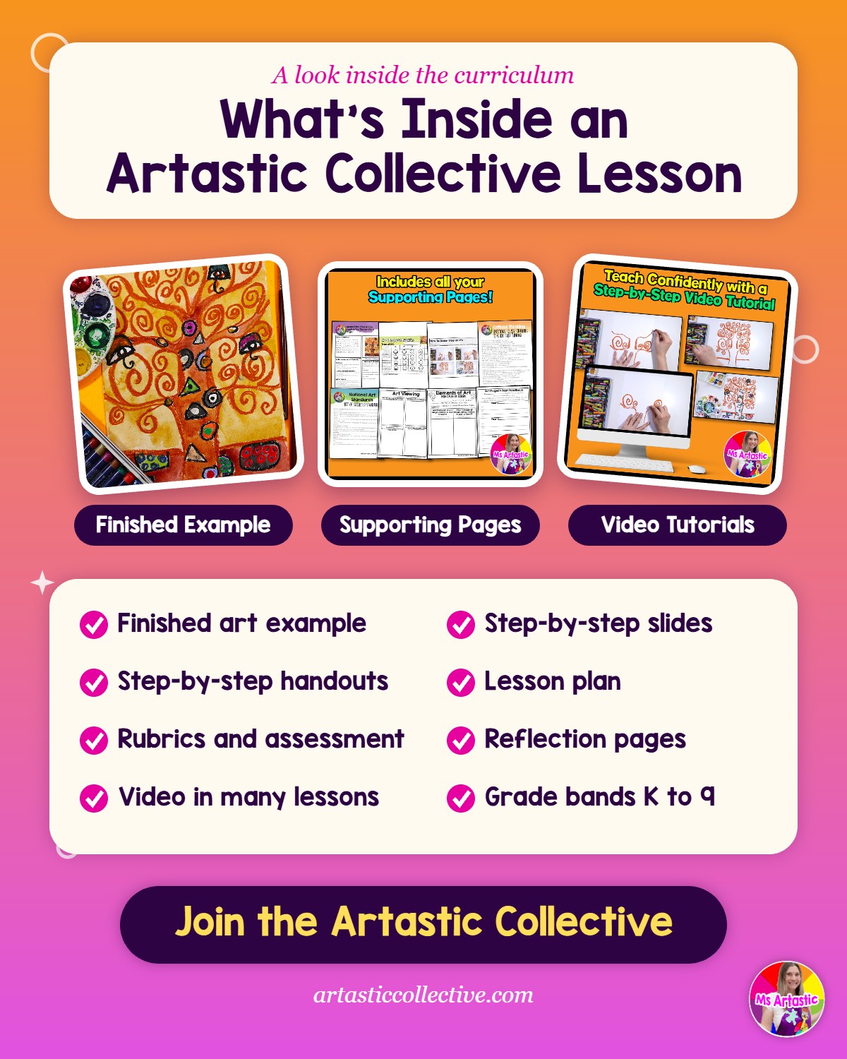 What's inside an Artastic Collective lesson: finished example, supporting pages, video tutorials, step-by-step slides and handouts, lesson plan, rubrics, reflection pages. Join the Artastic Collective.