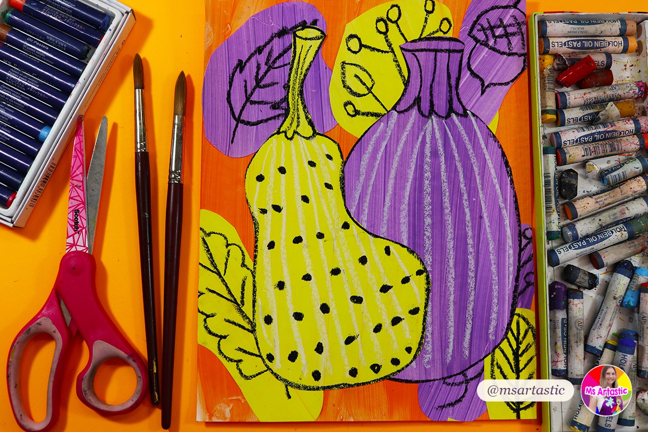 Patterned pears artwork with oil pastels, an example of unity and variety in the principles of design