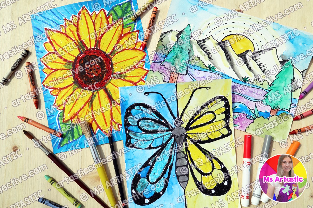 Student-style artworks from Ms Artastic's Principles of Design art lessons: a sunflower, a butterfly and a mountain landscape