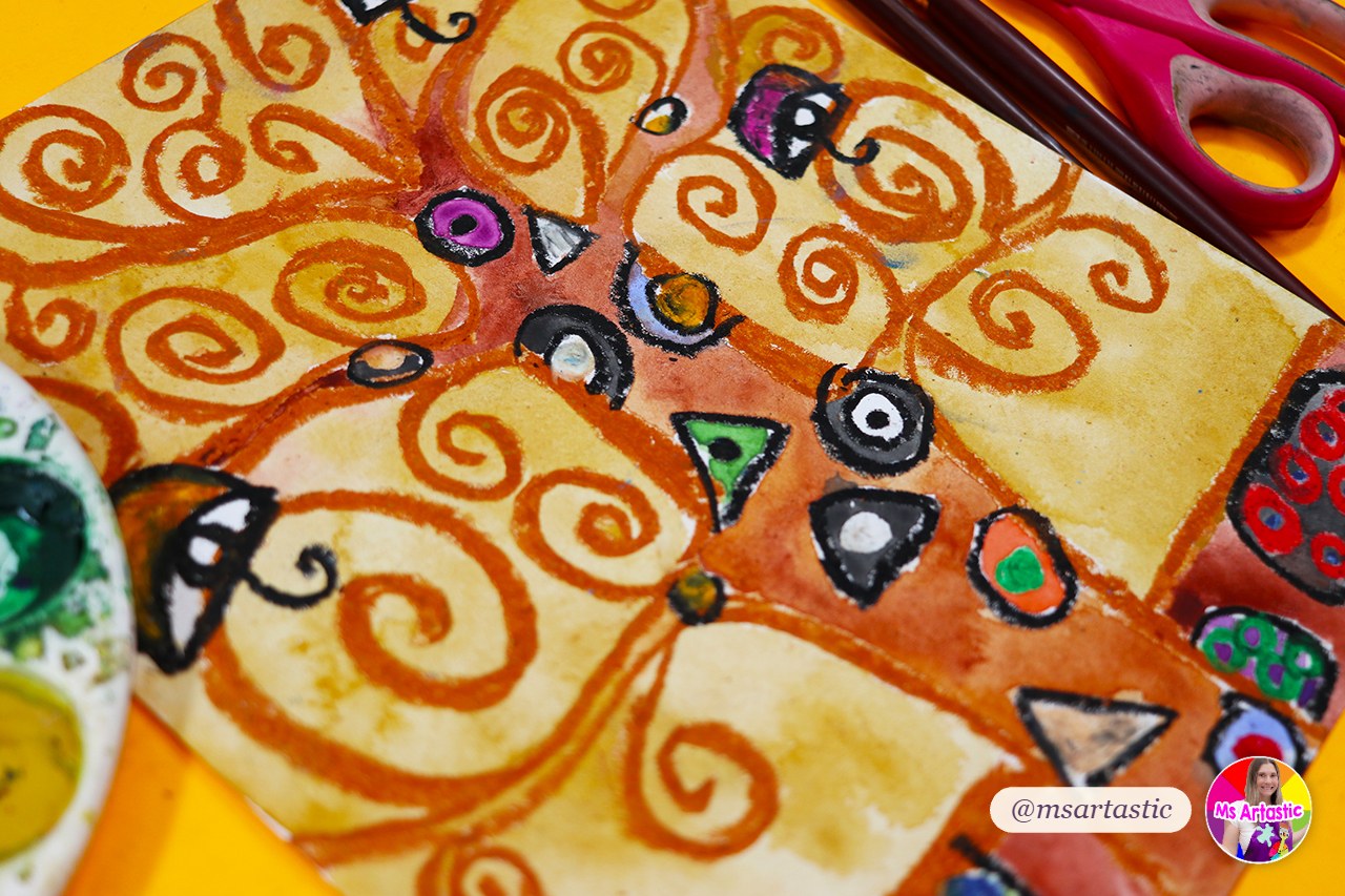 Close view of a Klimt Tree of Life art lesson with spiraling branches that create movement