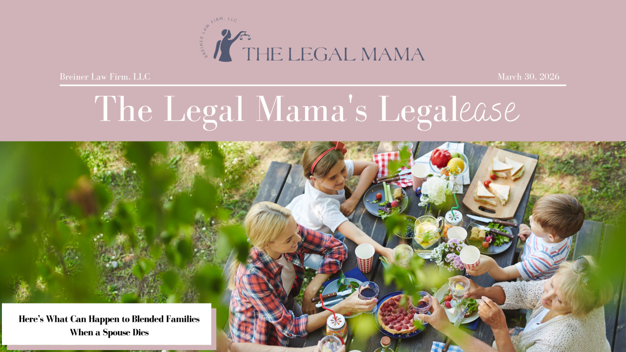 Cover of The Legal Mama's Legalese Newsletter with a picture of a family picnic with the title "Here’s What Can Happen to Blended Families When a Spouse Dies"