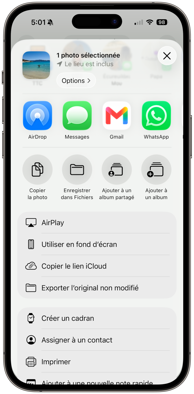 Le menu Partage de iOS