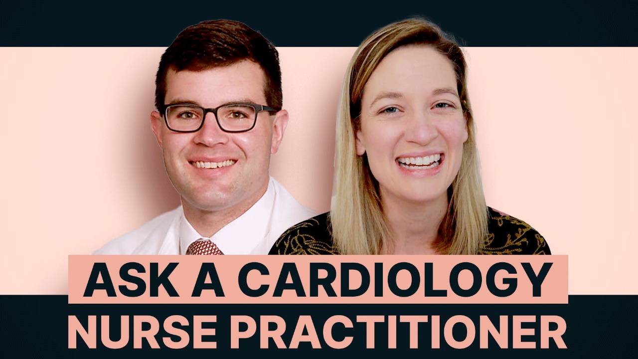 This is an image of a man with an eyeglasses smiling and a woman smiling in a light pink background with a text Ask A Cardiology Nurse Practitioner.