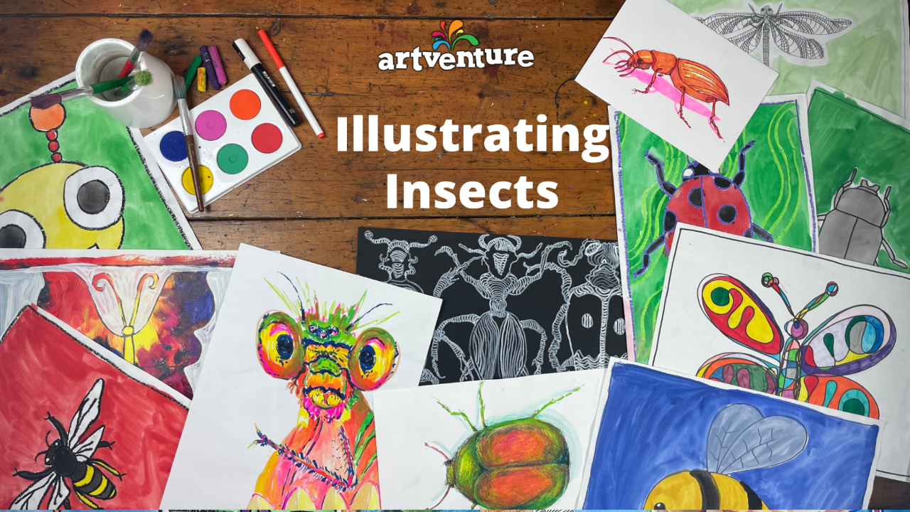 Drawings and paintings of bugs. Grasshopper, butterfly, beetle, bee, ladybird, dragonfly.