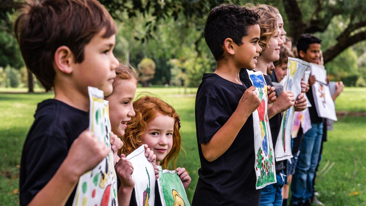 Kids holding artwork outdoors after online art lessons – Artventure Christmas gift sale 55% off