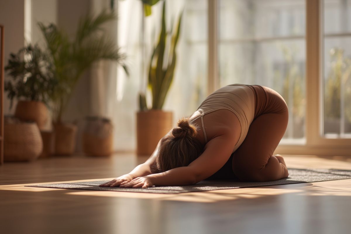 Rauhallinen joogaharjoitus, joka auttaa stressaantunutta kehoa ja mieltä palautumaan.