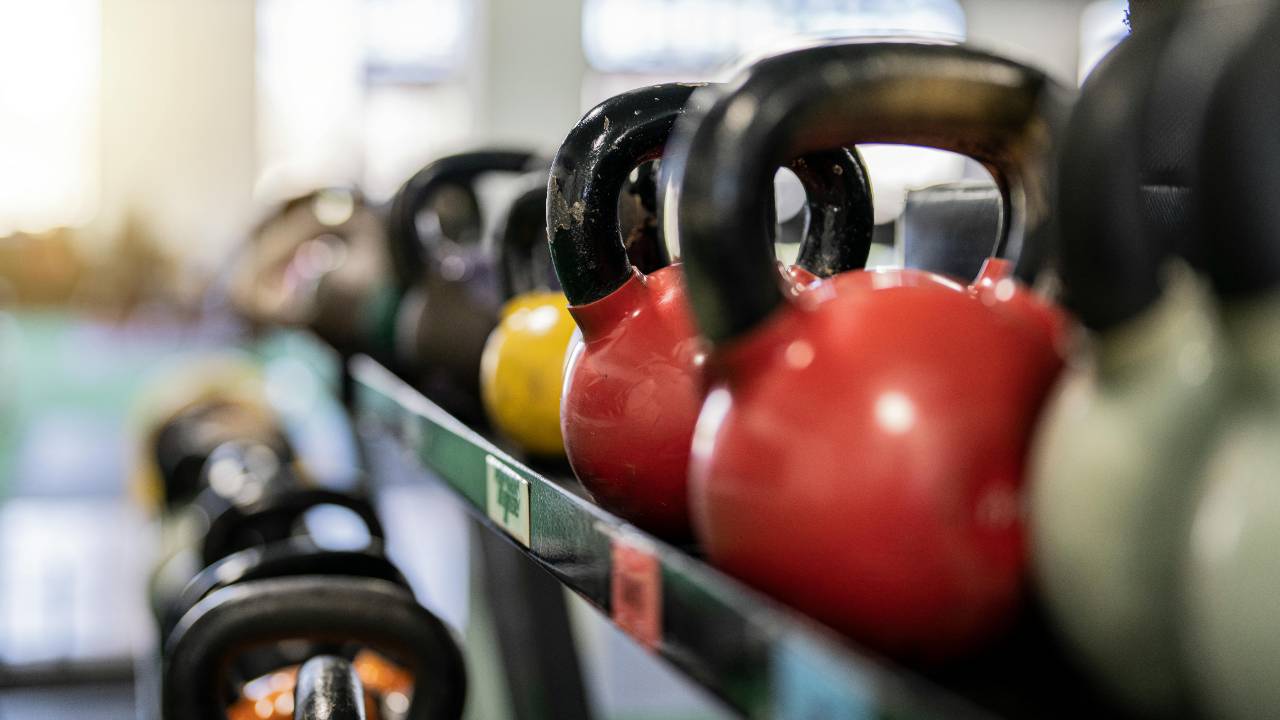 kettlebells on a workout rack