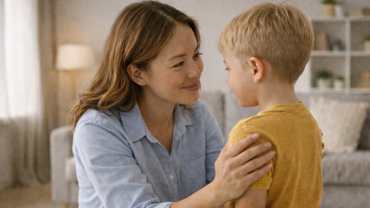 mom kneeling talking to her son with love