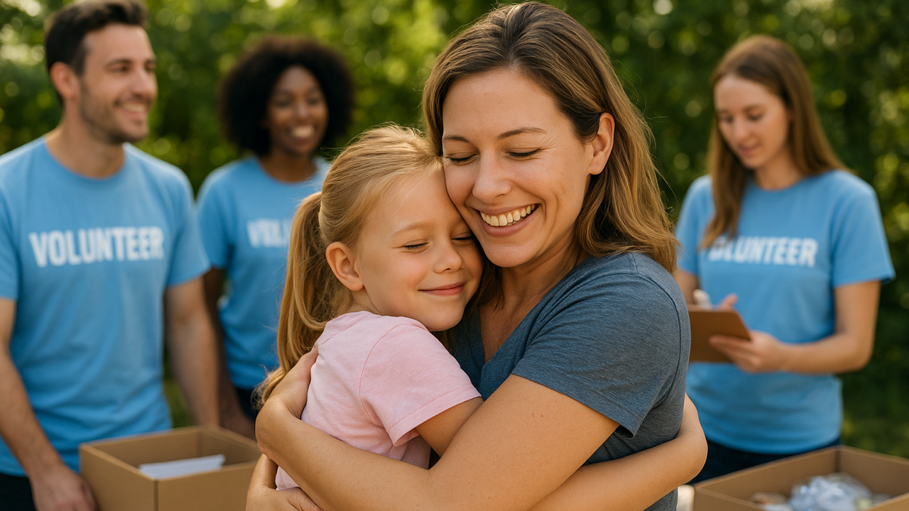 mom hugging daughter at volunteering event