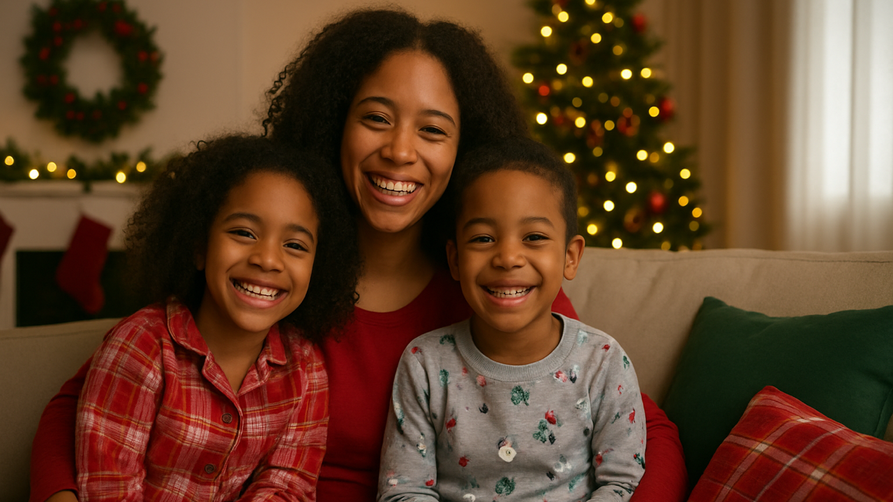 happy mom with kids at Christmas
