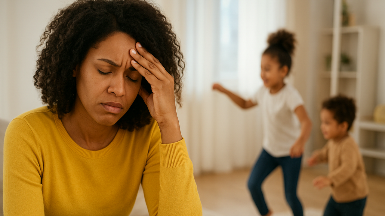 tired mom with kids playing