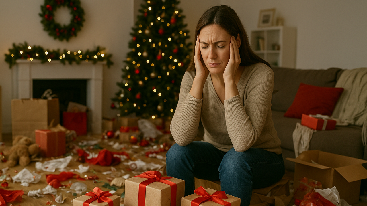 stress mom with a Christmas mess