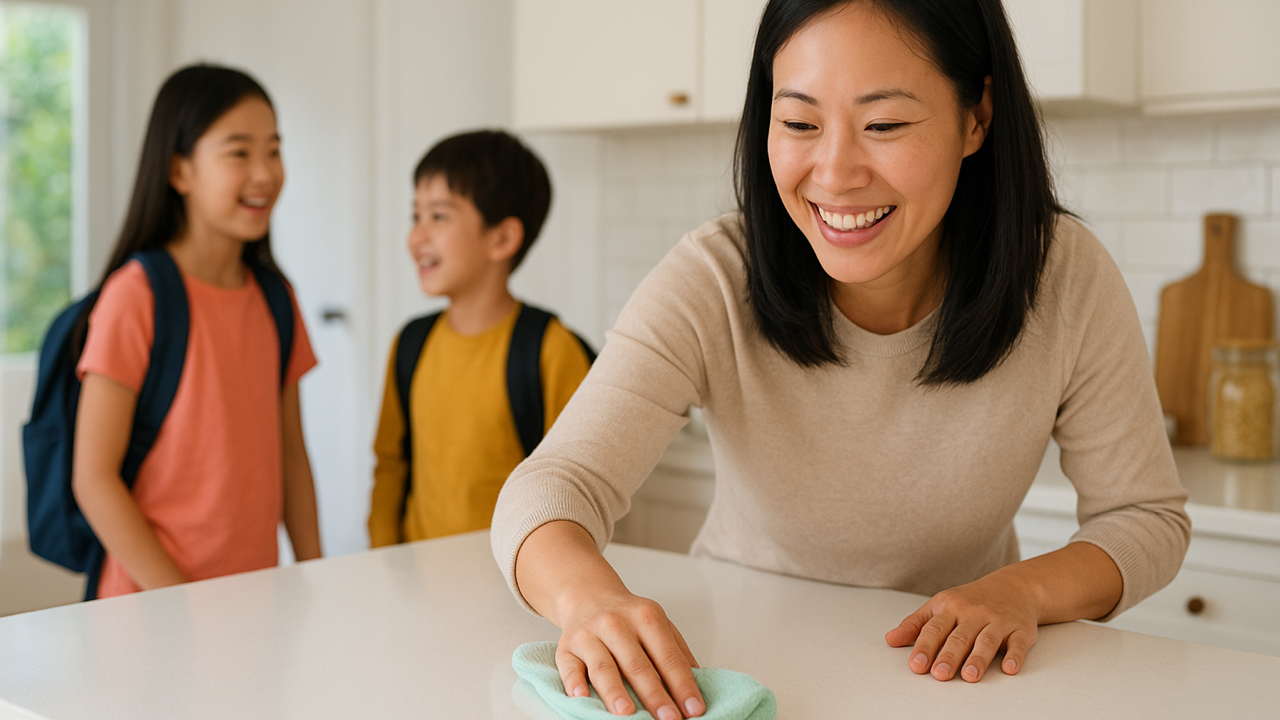 happy mom and kids cleaning before school