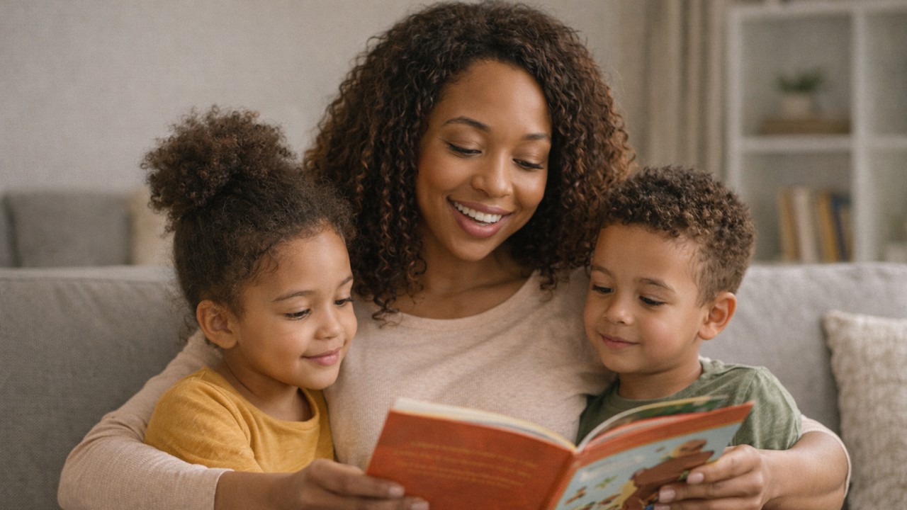 mom reading with her two kids