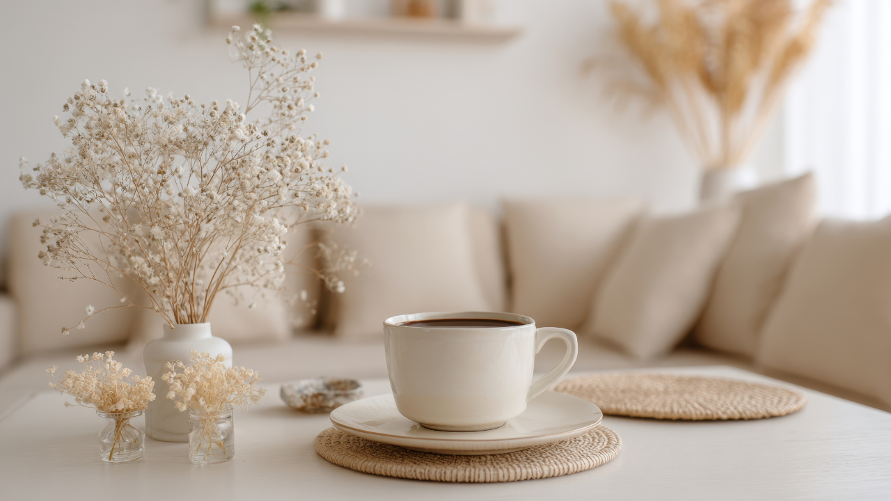 coffee cup on a table with couch in background