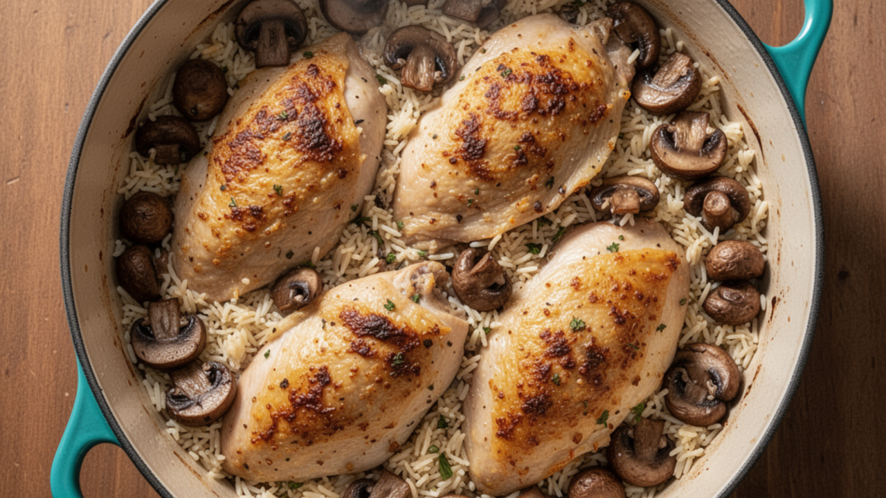 One Pot Chicken and Rice Bake with Mushrooms