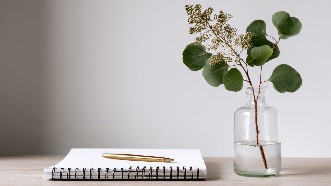 a simple coaching business represented by a blank notebook, pen and leaves in a jar