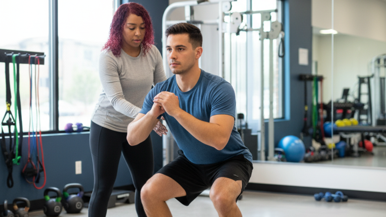 Physical therapist providing one-on-one performance PT assessment to athlete in Decatur, GA clinic