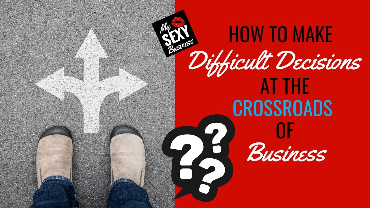 How To Make Difficult Decisions At The Crossroads Of Business. Image of two feet with boots behind an image of 3 arrows pointing straight, left & right