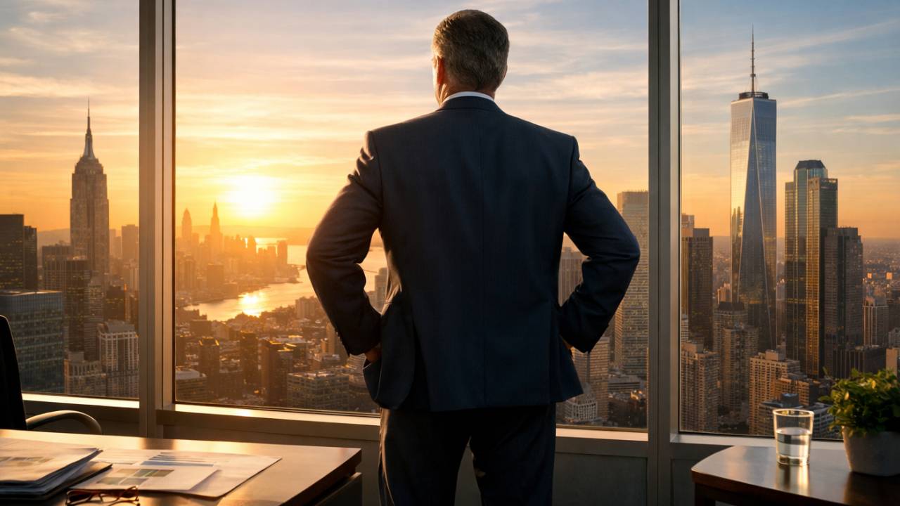 Middle-aged CEO in a navy suit standing in a high-rise office, looking out over a city skyline at sunset, symbolizing strategic planning and enterprise value creation.