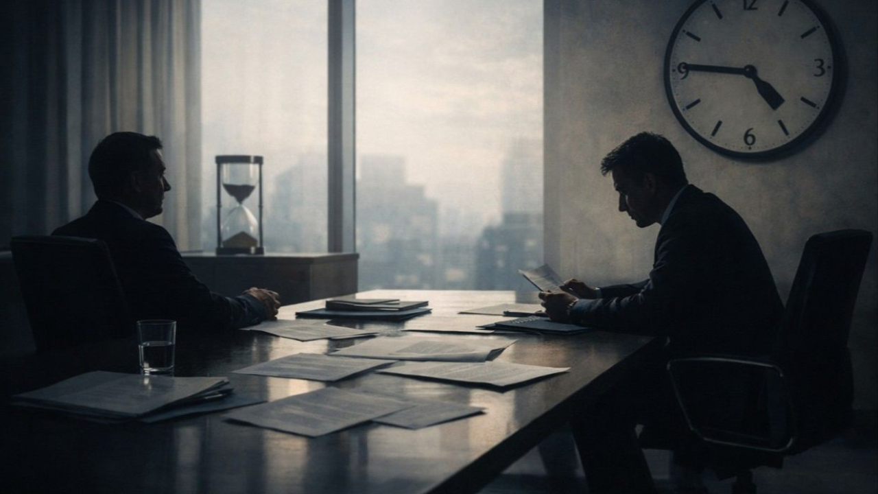 Buyer and business owner reviewing documents during M&A negotiation